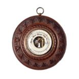 EDWARDIAN INLAID MAHOGANY BANJO ANEROID BAROMETER WITH THERMOMETER, by Thomas Armstrong & Brother,