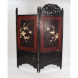 JAPANESE MEIJI PERIOD BONE MOUNTED CARVED BLACKWOOD AND LACQUERED TWO FOLD SCREEN, each leaf with