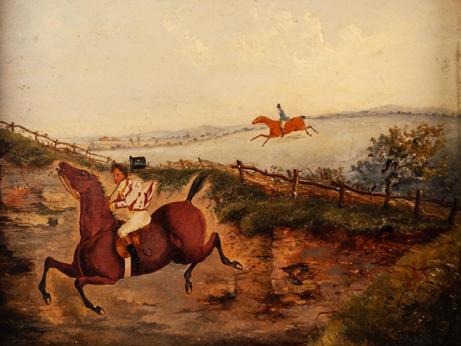 UNATTRIBUTED, (NINETEENTH CENTURY, ENGLISH SCHOOL) PAIR OF OIL PAINTINGS ON BOARD Equestrian hunting