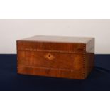 VICTORIAN LINE INLAID AND CROSSBANDED FIGURED WALNUT SEWING BOX, of oblong form, the fitted interior