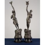 PAIR OF TWENTIETH CENTURY FRENCH SPELTER FIGURES, ?L?AGRICULTURE?, ?L?INDUSTRIE?, each modelled as a