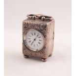 LATE VICTORIAN TINY SILVER CASES CARRIAGE CLOCK, THE WHITE ENAMEL DIAL WITH ROMAN NUMERALS WITHIN