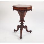 MID VICTORIAN MARQUETRY INLAID FIGURED WALNUT SEWING TABLE, the moulded octagonal top inlaid with