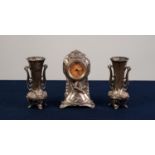 EARLY 20th CENTURY GERMAN ELECTROPLATED PEWTER BEDROOM MANTEL SHELF THREE PIECE CLOCK SET,