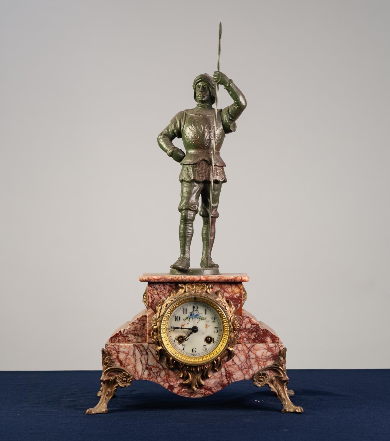 CIRCA 1900 FRENCH MANTEL CLOCK IN VEINED PINK MARBLE MOUNTED WITH SPELTER, the movement by Jaoy - Image 2 of 3