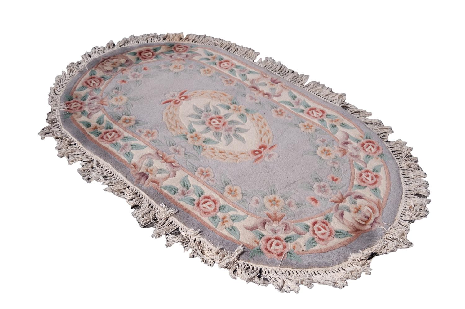 WASHED CHINESE OVAL RUG of aubusson design, floral, pale green and off white 5'2" x 3' and two - Image 2 of 4