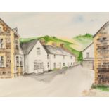 ELIZABETH HODSON (TWENTIETH CENTURY) WATERCOLOUR DRAWING ?Cotswold Cottages at Filkins? Signed,