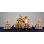 LATE 19th CENTURY FRENCH ALABASTER AND GILT SPELTER CLOCK GARNITURE, the movement stamped Fran Jos