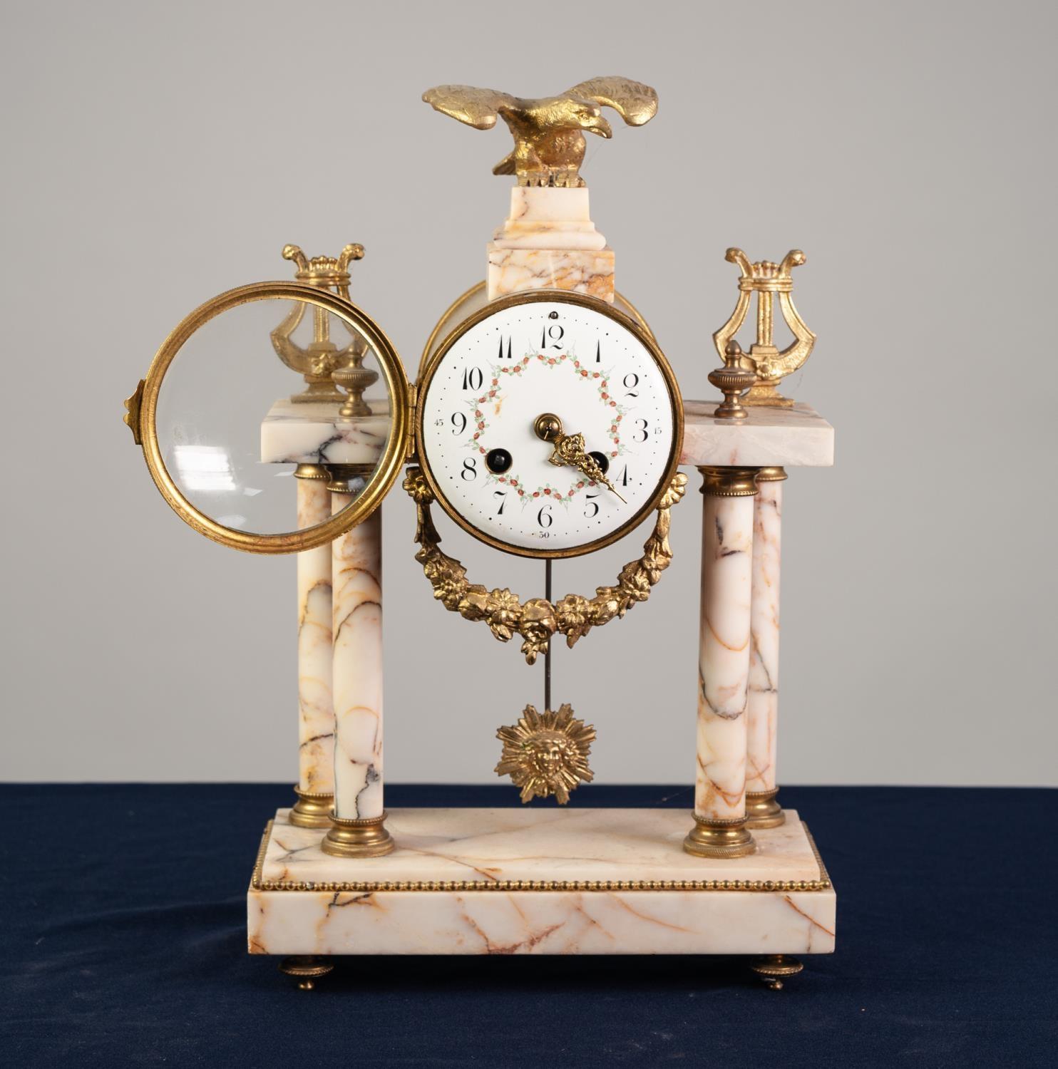 LATE 19th/EARLY 20th CENTURY FRENCH VEINED MARBLE AND GILT METAL MOUNTD PORTICO CLOCK, the drum - Image 2 of 3