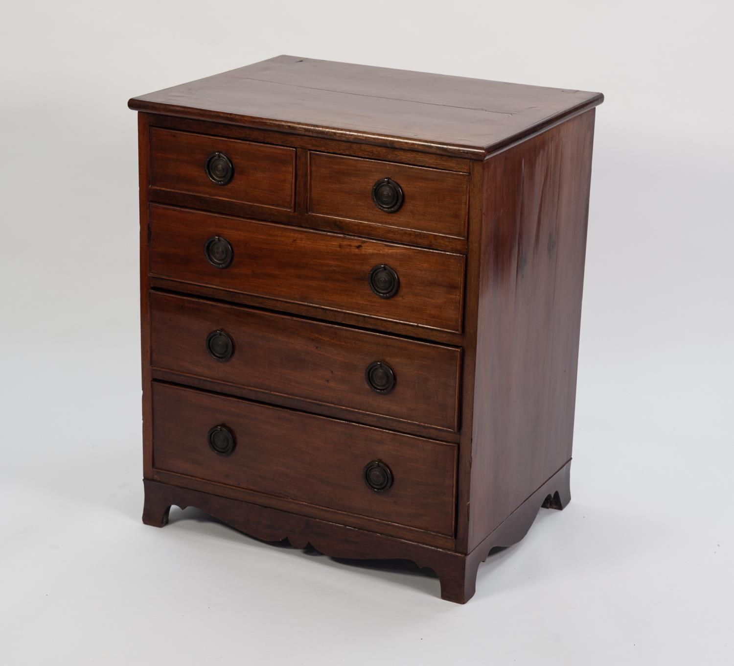 GEORGIAN AND LATER COMPOSITE LINE INLAID MAHOGANY SMALL CHEST OF DRAWERS, the crossbanded oblong top