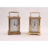 SMALL, LATE 20th CENTURY FRENCH CORNICHE CASED BRASS CARRIAGE CLOCK, the white enamel dial marked '