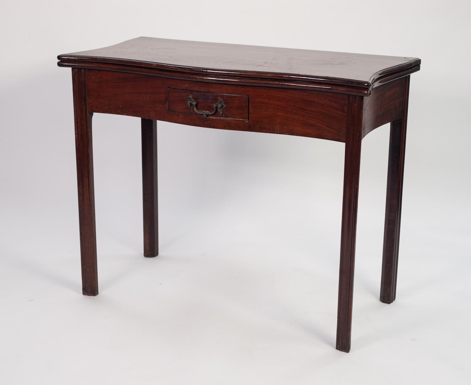 GEORGE III SERPENTINE FRONTED MAHOGANY TEA TABLE, the shaped, fold-over top above a small cockbeaded
