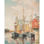 JOAN OWENS (MODERN) OIL PAINTING ON BOARD ?Ipswich Docks? Signed, titled to label verso 19 ½? x