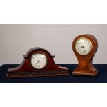 EDWARDIAN INLAID MAHOGANY BALLOON SHAPED MANTEL CLOCK with fan patera and string inlay, drum