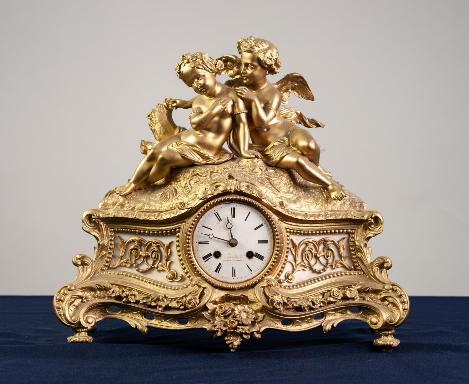 19th CENTURY FRENCH ORMOLU ALABASTER INSET CASED MANTEL CLOCK, the white enamel roman dial inscribed - Image 2 of 3