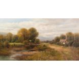 JG ATKINSON EARLY 20th CENTURY OIL PAINTING 'In the Duddon Valley', rural scene, cottage by a