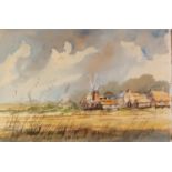 IAN KING (TWENTIETH/ TWENTY FIRST CENTURY) WATERCOLOUR DRAWING Landscape with windmill and farm