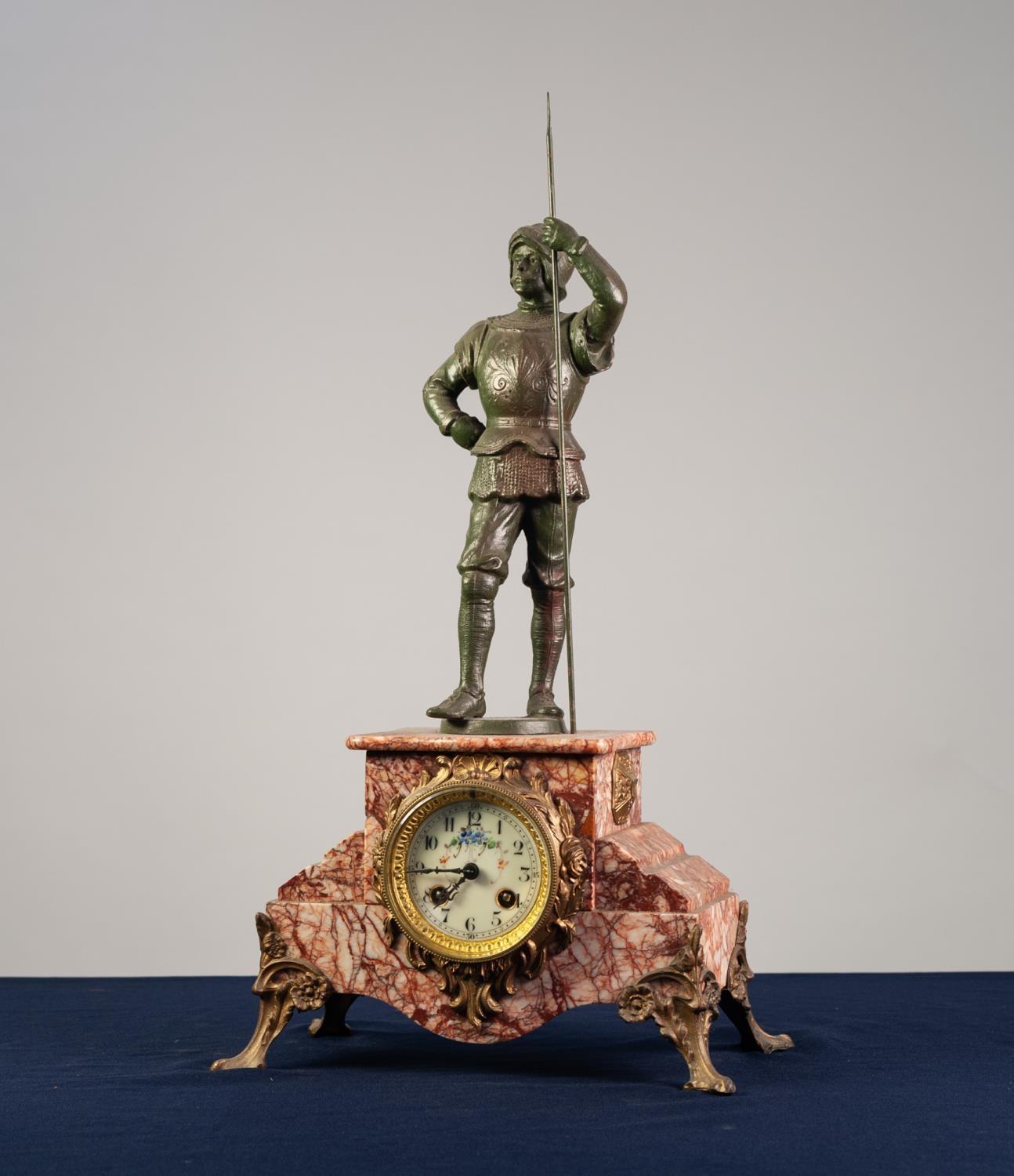 CIRCA 1900 FRENCH MANTEL CLOCK IN VEINED PINK MARBLE MOUNTED WITH SPELTER, the movement by Jaoy