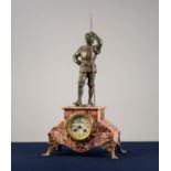 CIRCA 1900 FRENCH MANTEL CLOCK IN VEINED PINK MARBLE MOUNTED WITH SPELTER, the movement by Jaoy