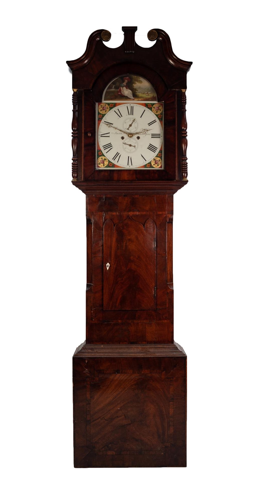 G.SMITH, HUDDERSFIELD, EARLY NINETEENTH CENTURY FIGURED MAHOGANY LONGCASE CLOCK, the 14? painted
