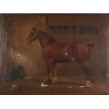 ?UNATTRIBUTED (TWENTIETH CENTURY) OIL PAINTING ON CANVAS Stable interior with bay horse and dog