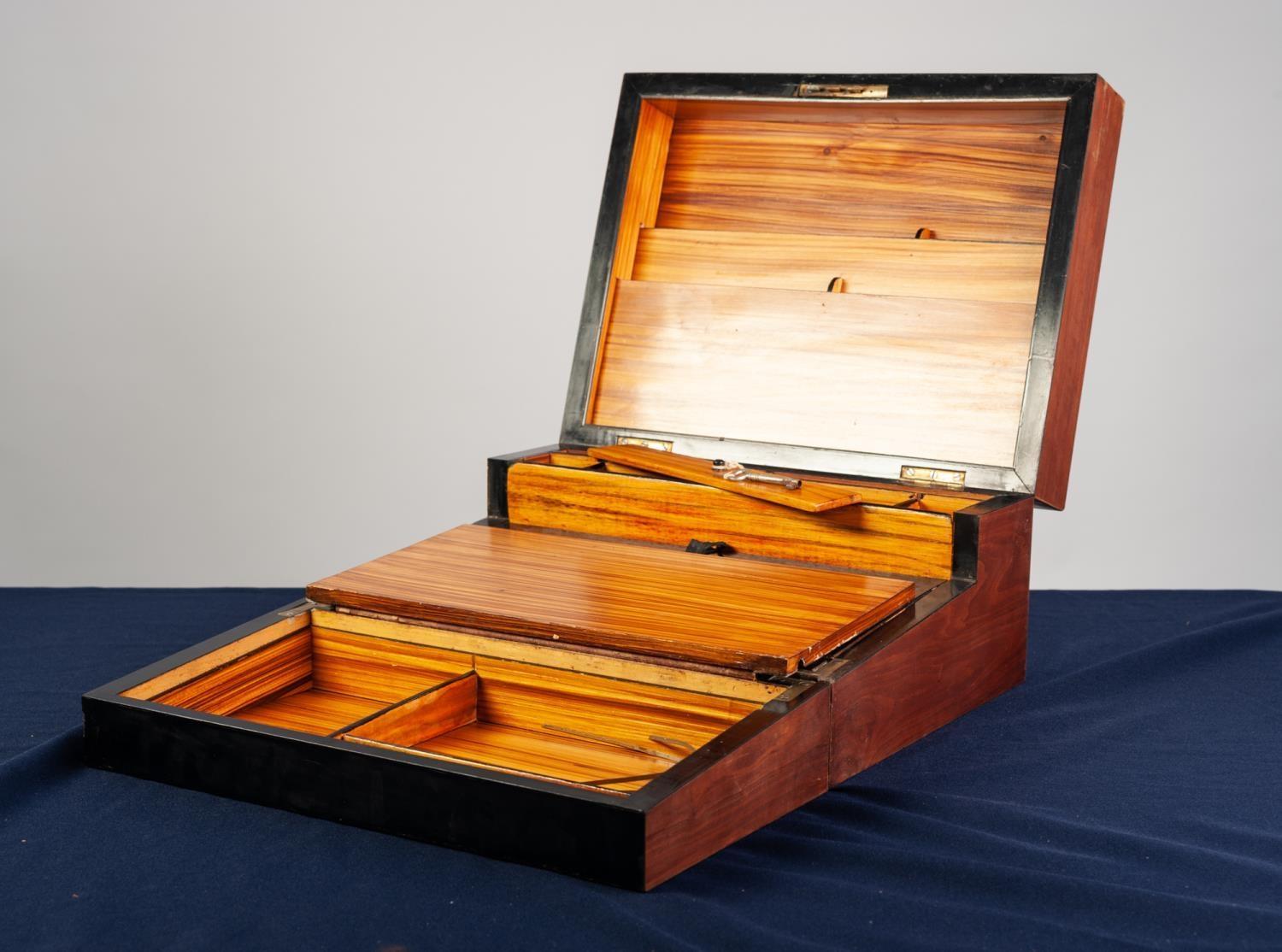 VICTORIAN AESTHETICS MOVEMENT BRASS INLAID WALNUT PORTABLE WRITING SLOPE, of oblong form, the top - Image 3 of 3