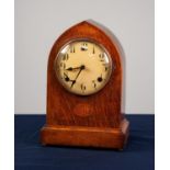 EARLY TWENTIETH CENTURY INLAID OAK LANCET TOP MANTLE CLOCK, the 5 ¼? Arabic dial powered by a