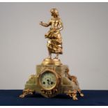 LATE 19th CENTURY FRENCH GREEN ONYX AND GILT SPELTER CASED MANTEL CLOCK, the movement stamped