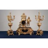 LATE 19th CENTURY FRENCH POLISHED BLACK SLATE AND GILT SPELTER CLOCK GARNITURE, the movement stamped