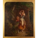 UNATTRIBUTED (VICTORIAN SCHOOL) OIL PAINTING ON CANVAS ?Rustic Toilet? two girl on a woodland path