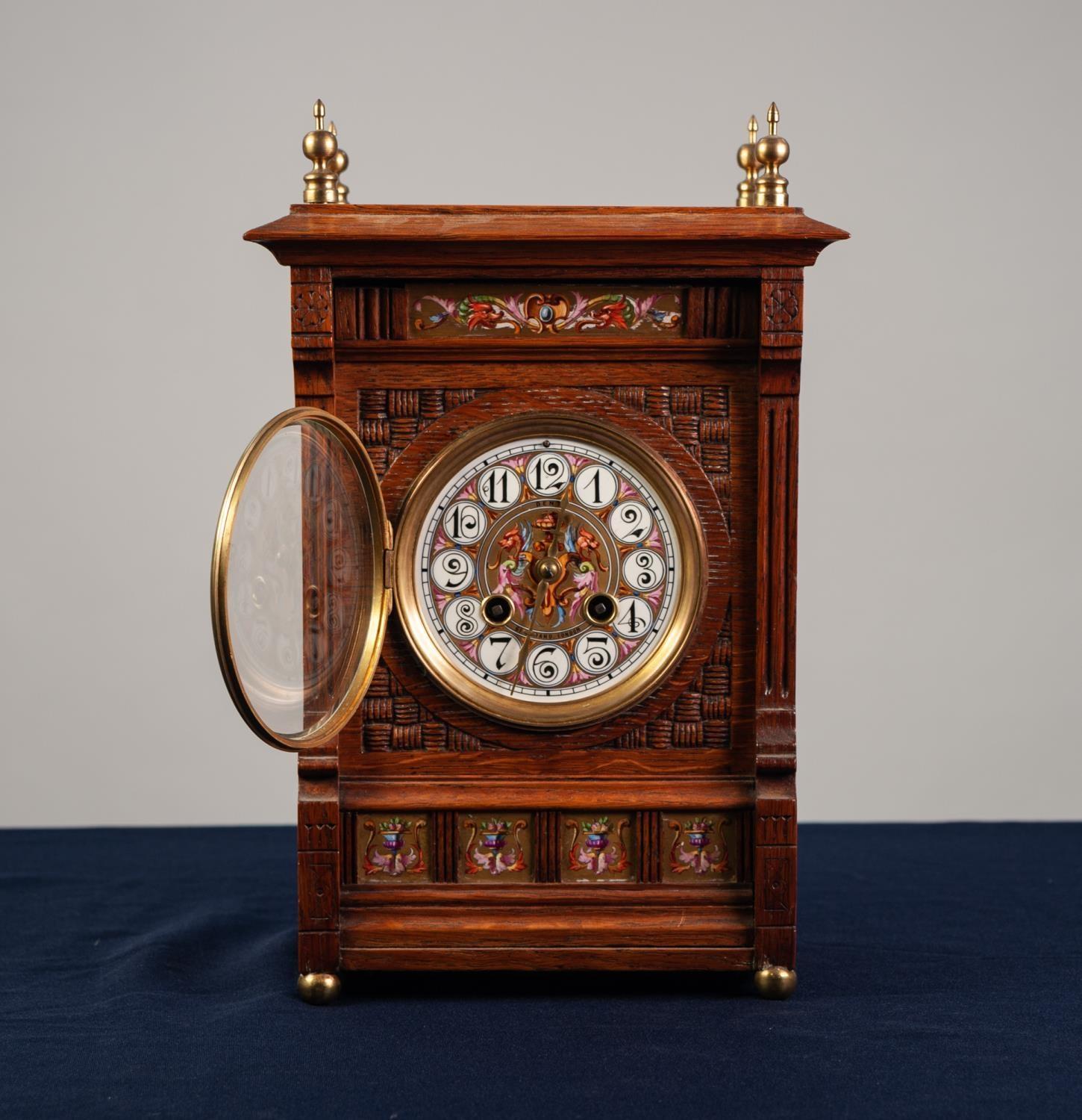 LATE 19th CENTURY OAK CASED MANTEL CLOCK in the Aesthetic taste inset with 'grotesque' painted - Image 2 of 3
