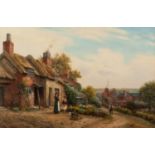 F R OFFER EARLY 20th CENTURY OIL PAINTING ON BOARD 'Old Cottages Rostherne', figures by a cottage