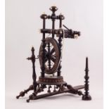 20th CENTURY TURNED WOODEN AND BONE MOUNTED MINIATURE WORKING SPINNING WHEEL, 13 1/2" (34.5cm) high