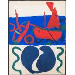 MODERN SCHOOL ACRYLIC OR GOUACHE ON PAPER Abstract with sailing craft signed with initials R.H.