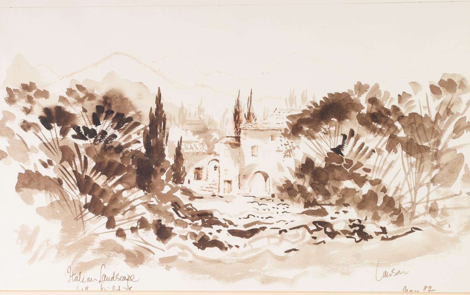 KENNETH LAWSON (1920-2008) SEPIA BRUSH DRAWING 'Italian Landscape with Building' Signed, titled