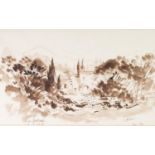 KENNETH LAWSON (1920-2008) SEPIA BRUSH DRAWING 'Italian Landscape with Building' Signed, titled