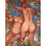 BOHUSLAV BARLOW (b. 1947) OIL ON ARTIST BOARD ?Silent Conversation? two naked female figures