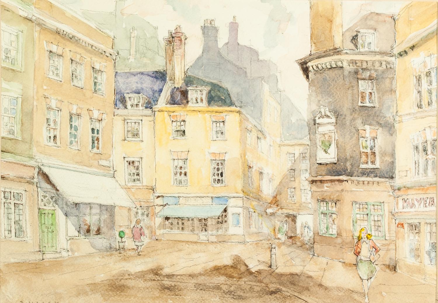 JEFFREY CULLEY (TWENTIETH CENTURY) WATERCOLOUR DRAWING ?Shepherd Market, London? Signed, titled