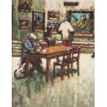 CRABTREE (TWENTIETH CENTURY) OIL ON BOARD Gallery interior with a man sat at a table with a dog at