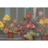 WALTER J HALL (1866-1947) PASTEL ?Potted Plants on a Windowsill? Signed, titled to attached piece of