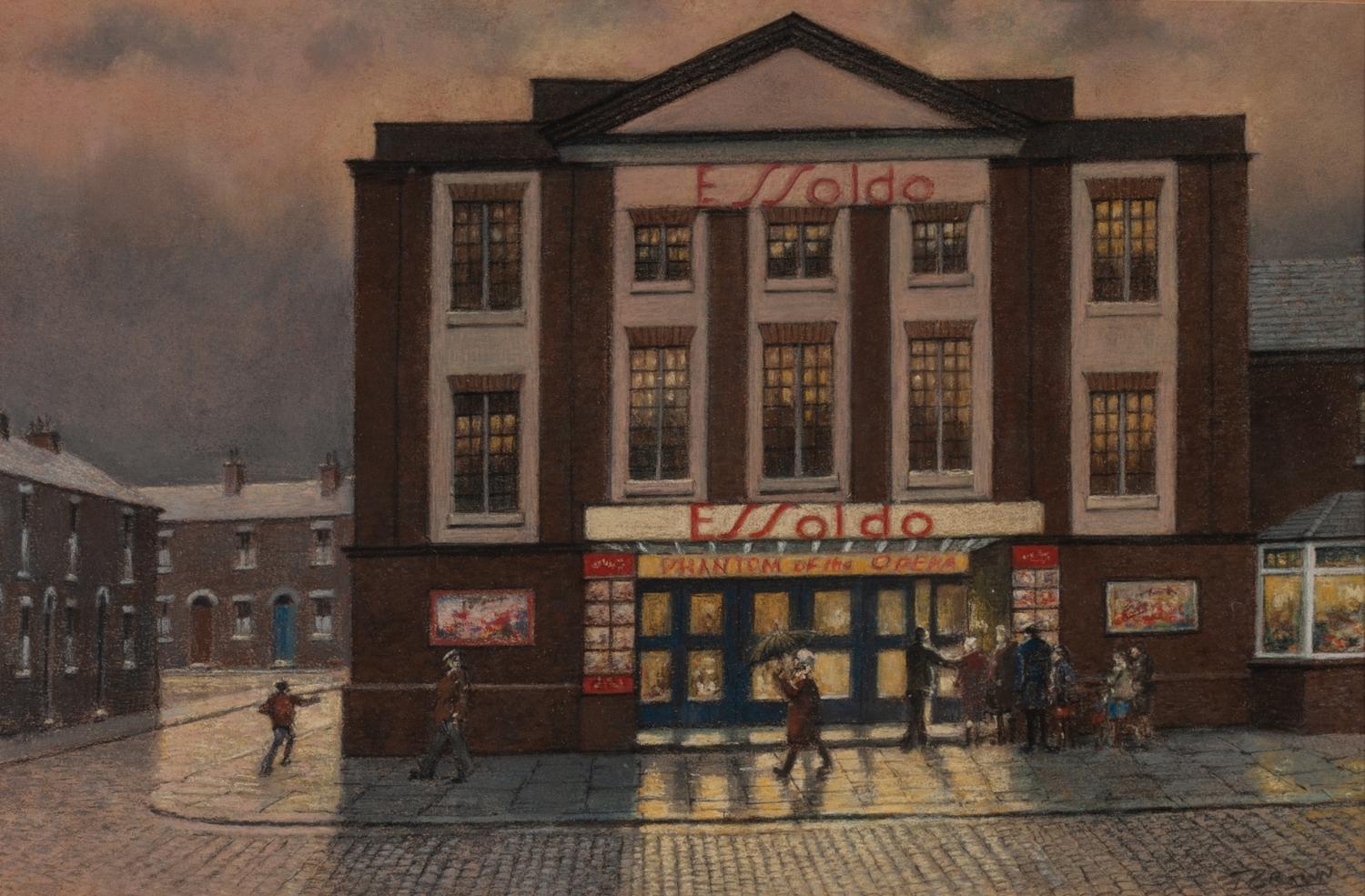 TOM BROWN (1933 - 2017) PASTEL DRAWING "THE ESSOLDO CINEMA - SWINDON" signed lower right,