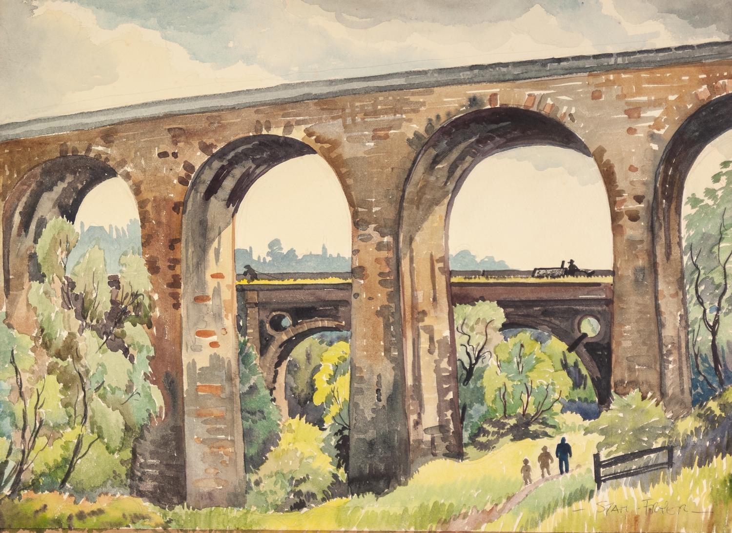 STANLEY FRYER (1906 - 1983) WATERCOLOUR DRAWING 'Aquaduct & Viaduct, Marple Vale, Cheshire' Signed