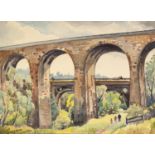 STANLEY FRYER (1906 - 1983) WATERCOLOUR DRAWING 'Aquaduct & Viaduct, Marple Vale, Cheshire' Signed