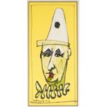 ?GEOFFREY KEY (b. 1941) MIXED MEDIA ON YELLOW PAPER Head of a clown Signed and dated 5.7.01 11? x 5?