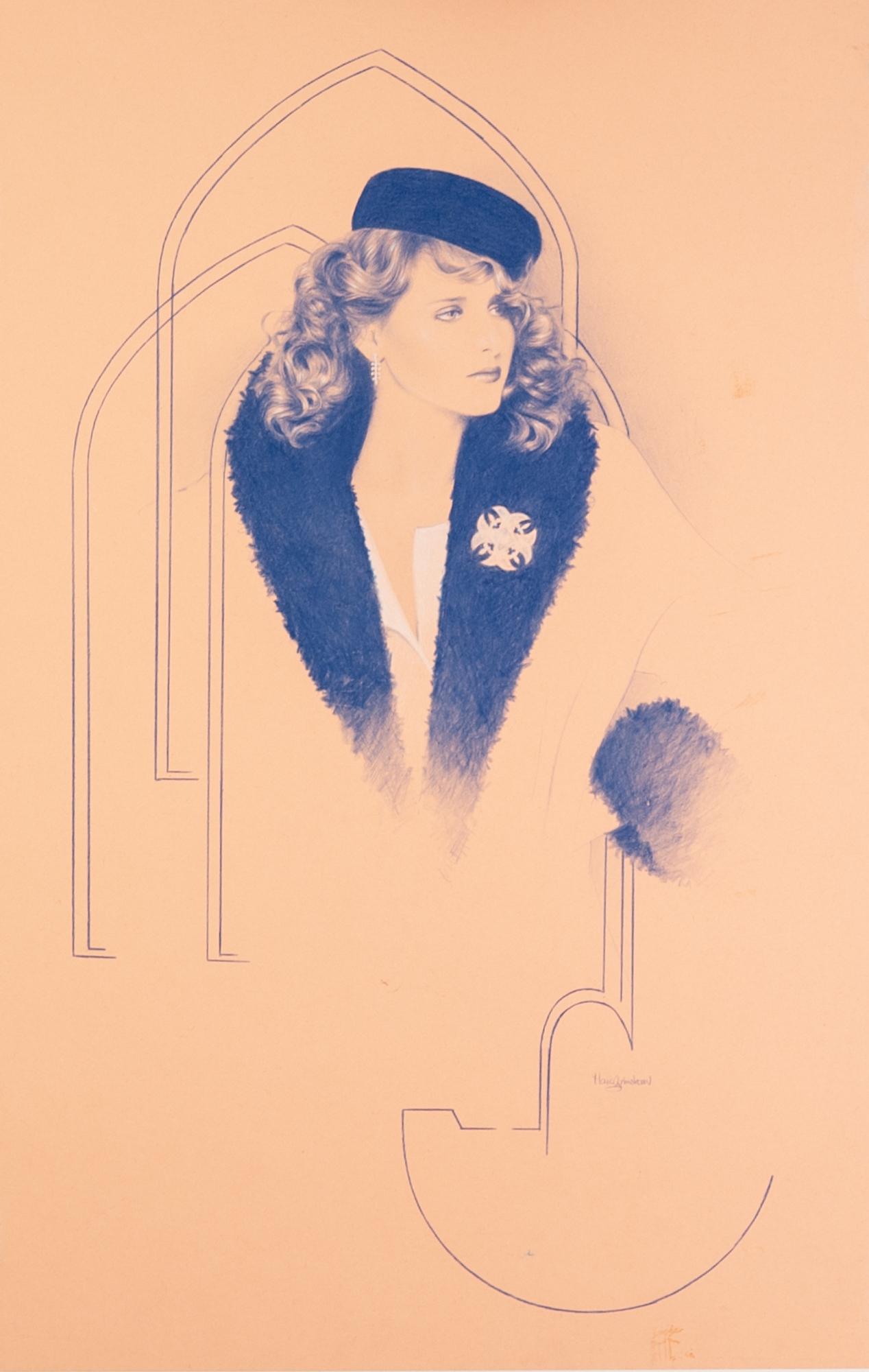 MARC GRIMSHAW SET OF FOUR PENCIL DRAWINGS ON SALMON PINK PAPER Each depicting a fashion model Signed - Image 3 of 4