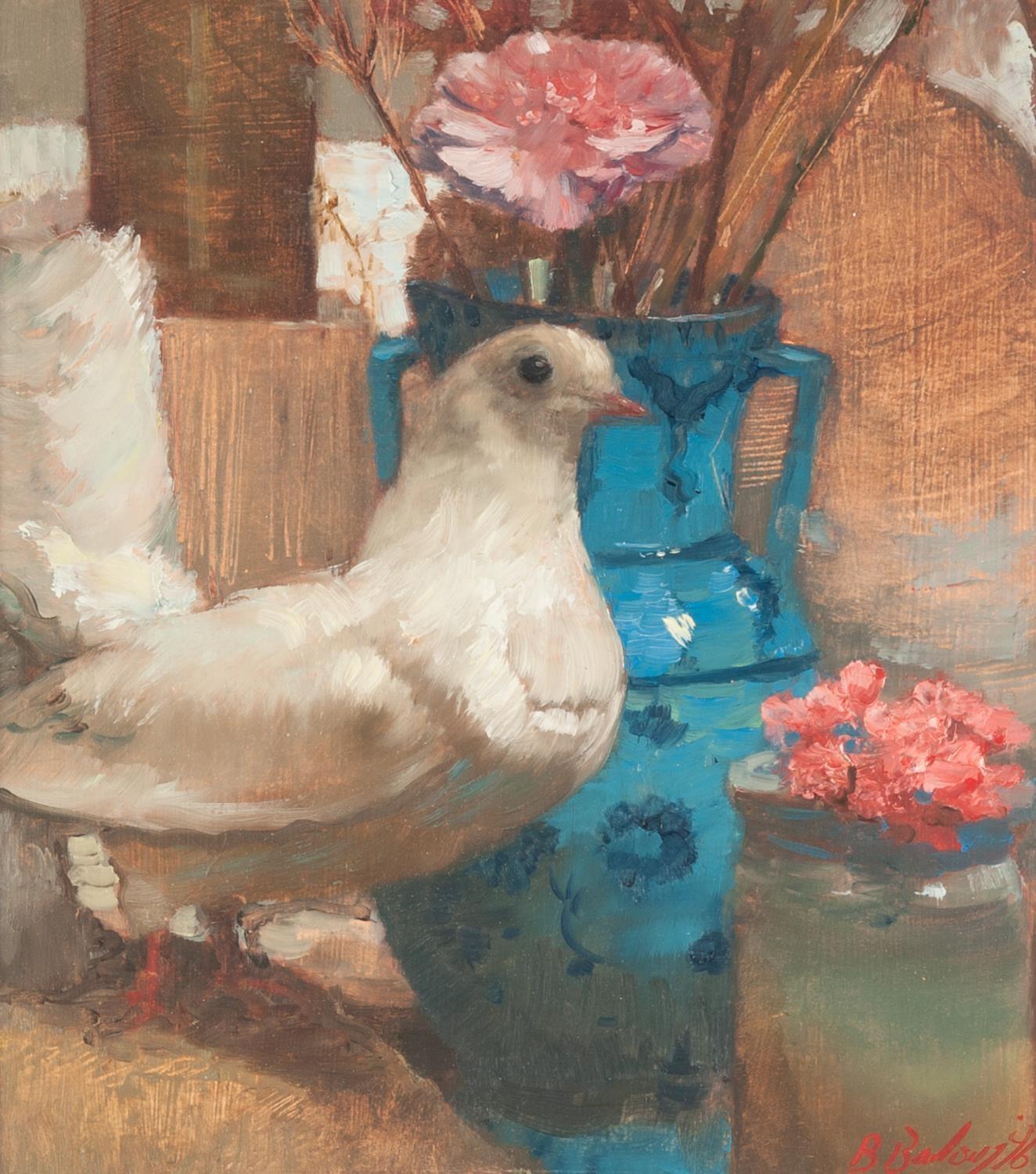 BOHUSLAV BARLOW (b.1947) OIL ON BOARD ?Persian Blue?, pigeon and two handled vase of flowers