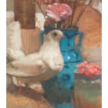 BOHUSLAV BARLOW (b.1947) OIL ON BOARD ?Persian Blue?, pigeon and two handled vase of flowers