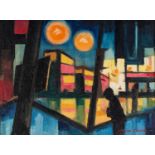 STANLEY FRYER (1906 - 1983) OIL PAINTING ON BOARD 'Buses in Manchester Piccadilly Gardens' Signed