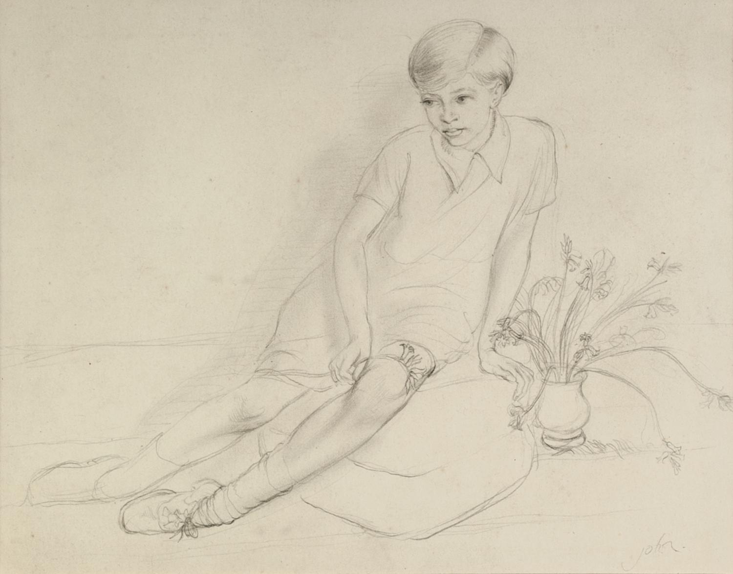 ?ATTRIBUTED TO AUGUSTUS EDWIN JOHN (1878-1961) PENCIL DRAWING Young girl reclining on a cushion