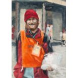 CHRIS SIMS (b.1938) OVERPAINTED PRINT Big Issue Seller Signed 13 ¼? x 9? (33.7cm x 22.9cm)